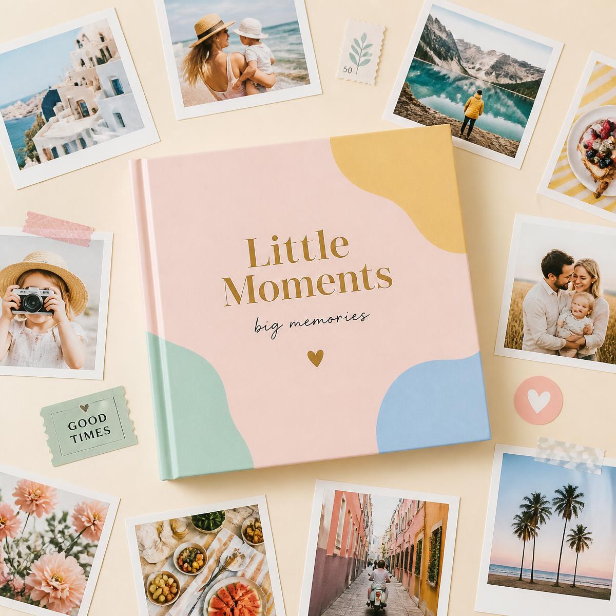 A pastel square photo book surrounded by printed photos