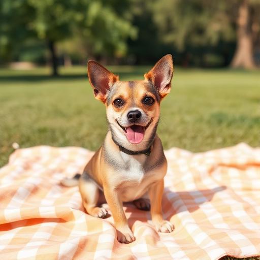 A little dog sitting on a picnic blanket in the park